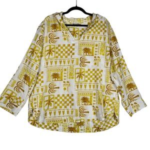 Jane Delancey Hooded Linen Top Blouse Women's Large Yellow White Boho New